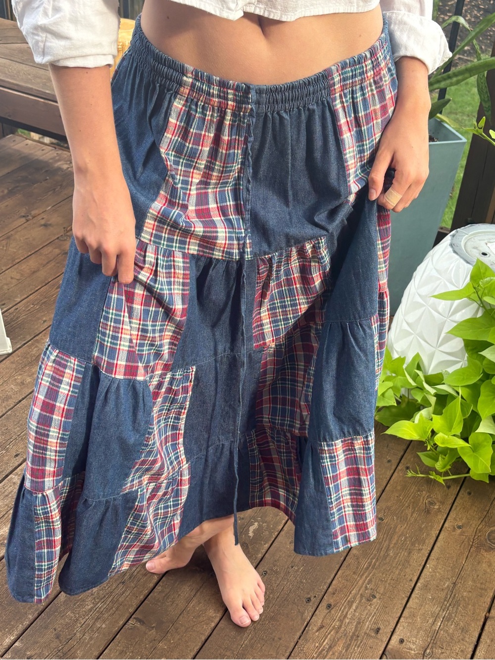 Vtg Koret City Blues Parchwork Denim Skirt SM Maxi Tiered Cottagecore Boho